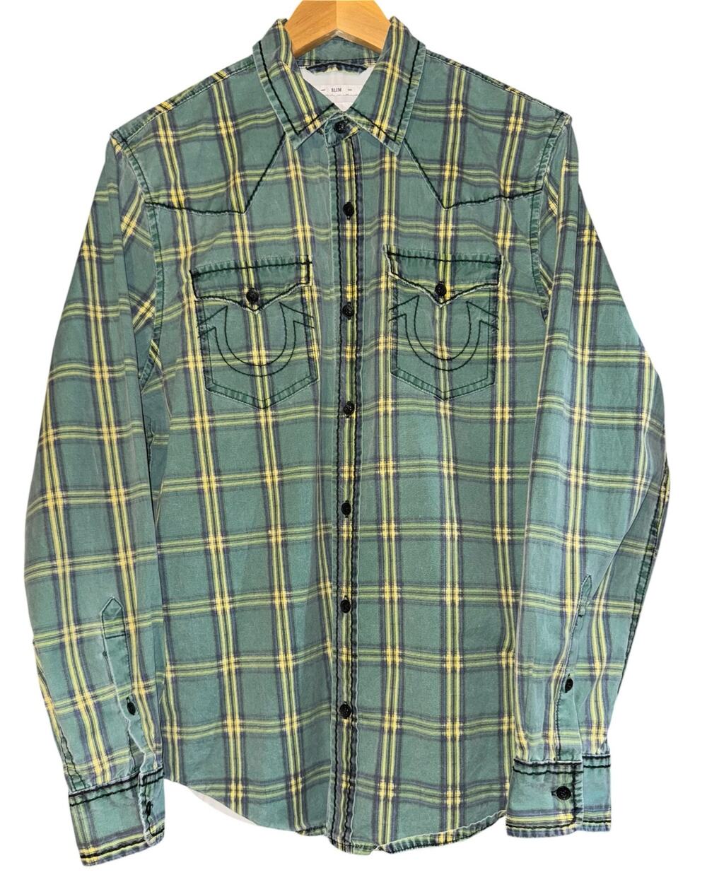True Religion Plaid Green Button Up Shirt Medium Streetwear Distressed Western